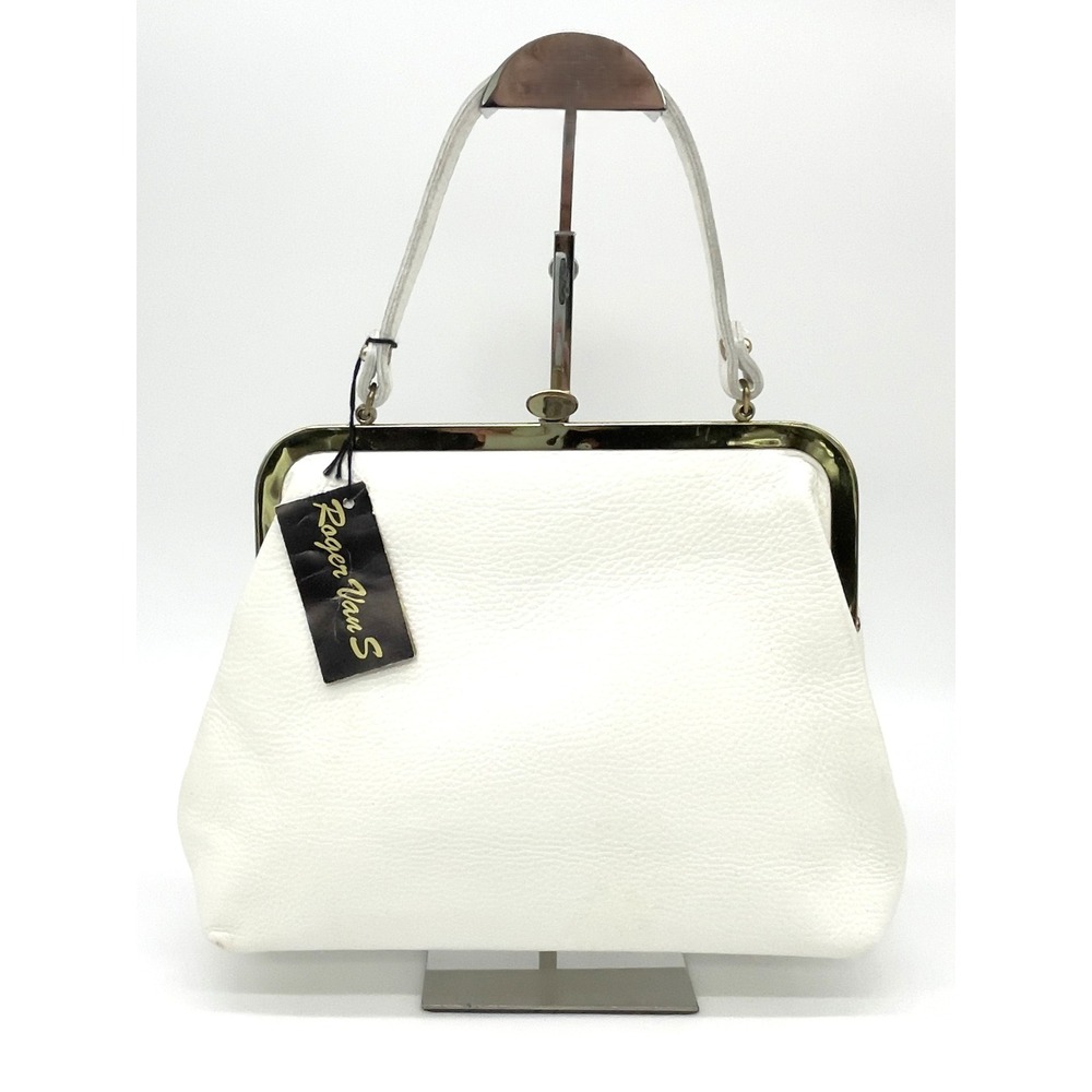 Vintage Roger Van S Pebbled Leather Kiss Lock Handbag White 60s 70s Quiet Luxury